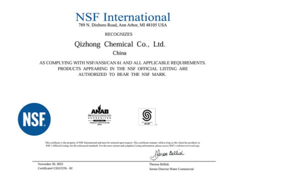 Certificación NSF - Carbón activado Qizhong